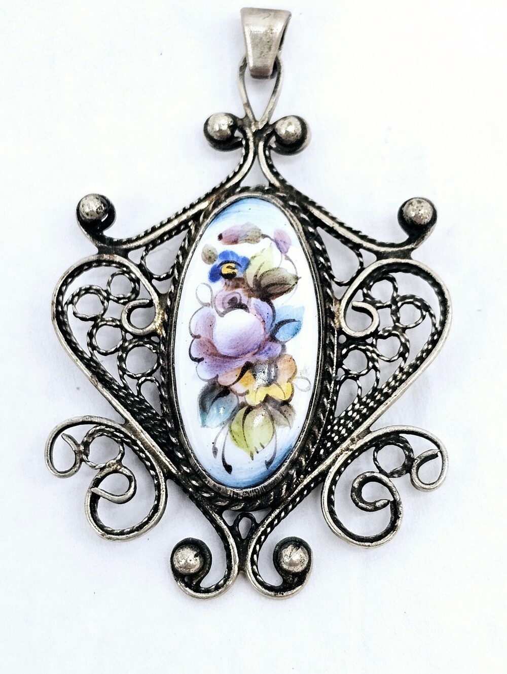 Vintage Russian Finfit Hand-Painted Enamel Large Necklace Pendant Filigree Ball